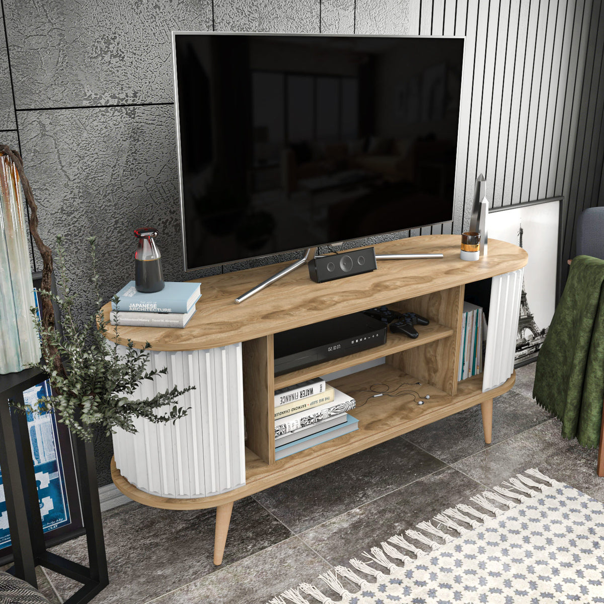 Έπιπλο Τηλεόρασης Kamari Δρυς Oud - Λευκό 140x43x64 εκ. Μελαμίνης