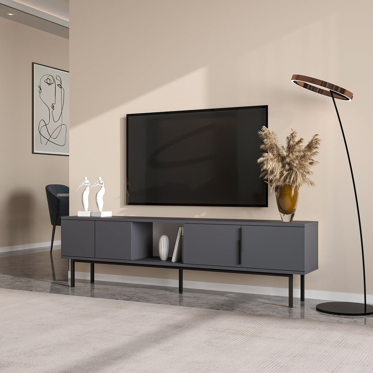 Έπιπλο Τηλεόρασης Perithia Ανθρακί 180x29.6x50 εκ. Μελαμίνης - Pakobazaar
