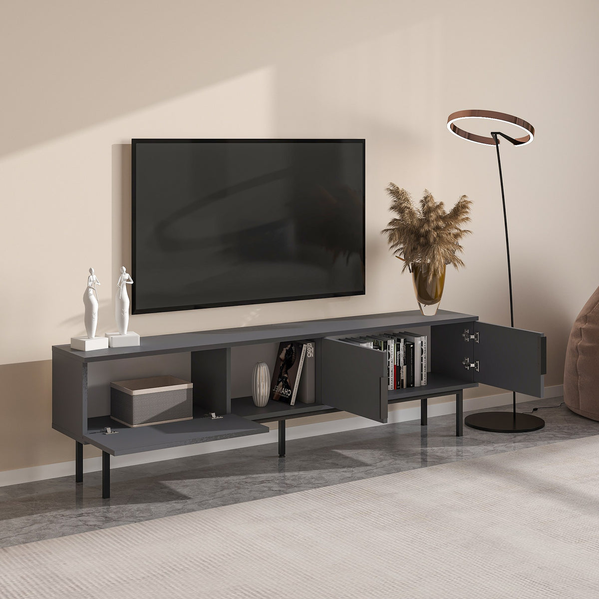 Έπιπλο Τηλεόρασης Perithia Ανθρακί 180x29.6x50 εκ. Μελαμίνης - Pakobazaar