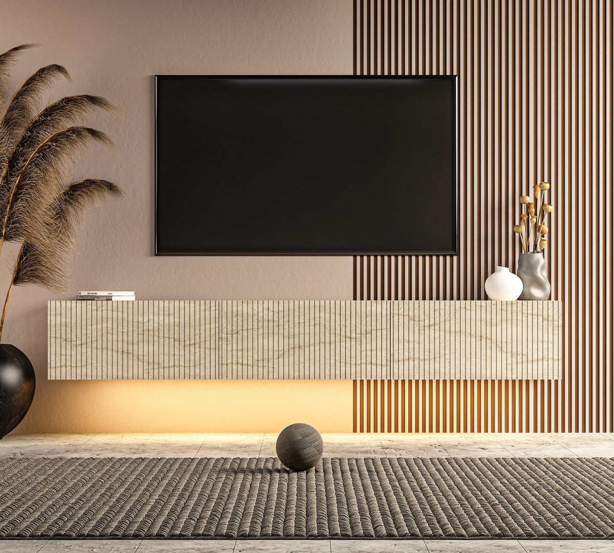 Έπιπλο Τηλεόρασης Mesovouni Επιτοίχιο Με LED Travertine 180x31.4x28.6 εκ. Μελαμίνης