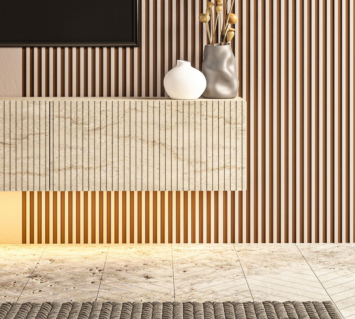 Έπιπλο Τηλεόρασης Mesovouni Επιτοίχιο Με LED Travertine 180x31.4x28.6 εκ. Μελαμίνης