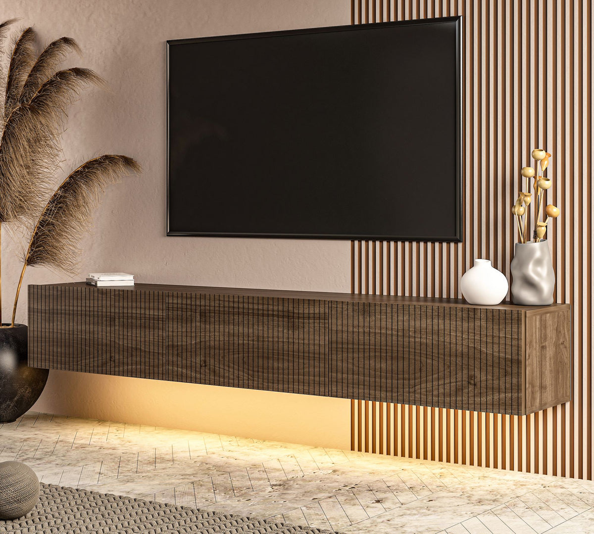 Έπιπλο Τηλεόρασης Mesovouni Επιτοίχιο Με LED Καρυδί 180x31.4x28.6 εκ. Μελαμίνης