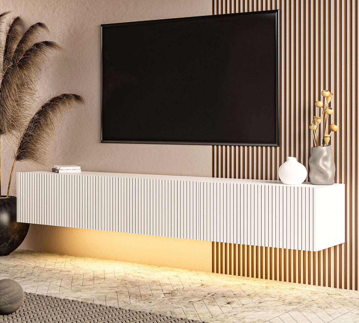 Έπιπλο Τηλεόρασης Mesovouni Επιτοίχιο Με LED Λευκό 180x31.4x28.6 εκ. Μελαμίνης