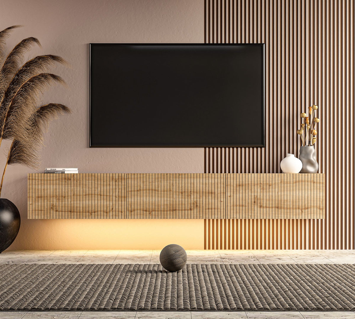 Έπιπλο Τηλεόρασης Mesovouni Επιτοίχιο Με LED Δρυς Sapphire 180x31.4x28.6 εκ. Μελαμίνης