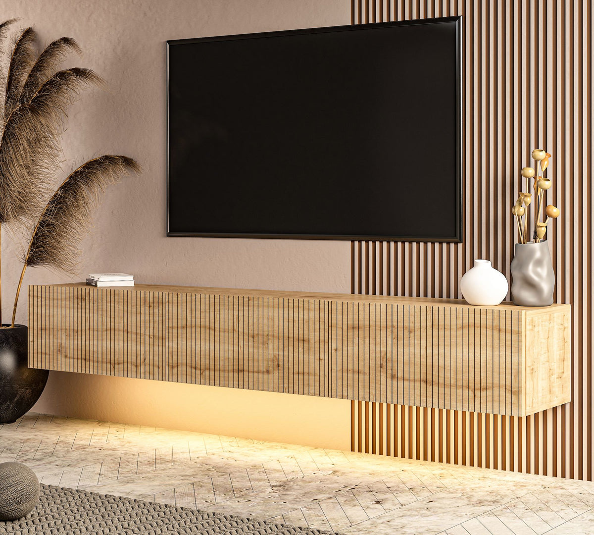 Έπιπλο Τηλεόρασης Mesovouni Επιτοίχιο Με LED Δρυς Sapphire 180x31.4x28.6 εκ. Μελαμίνης