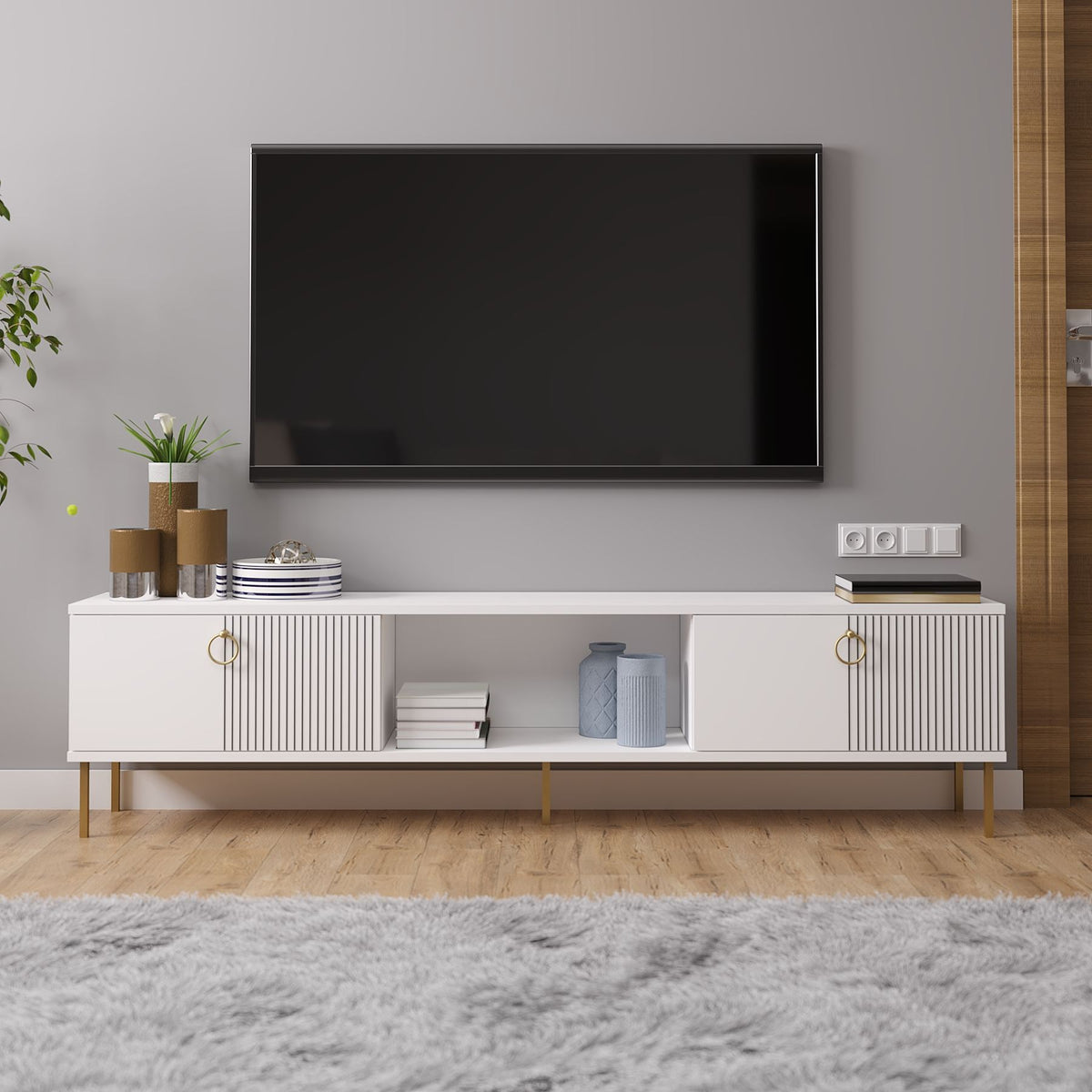 Έπιπλο Τηλεόρασης Perivolos Επιτοίχιο Λευκό 180x30x45 εκ. Μελαμίνης - Pakobazaar