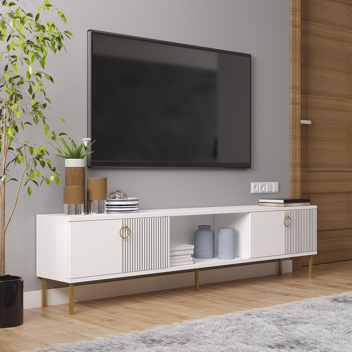 Έπιπλο Τηλεόρασης Perivolos Επιτοίχιο Λευκό 180x30x45 εκ. Μελαμίνης - Pakobazaar