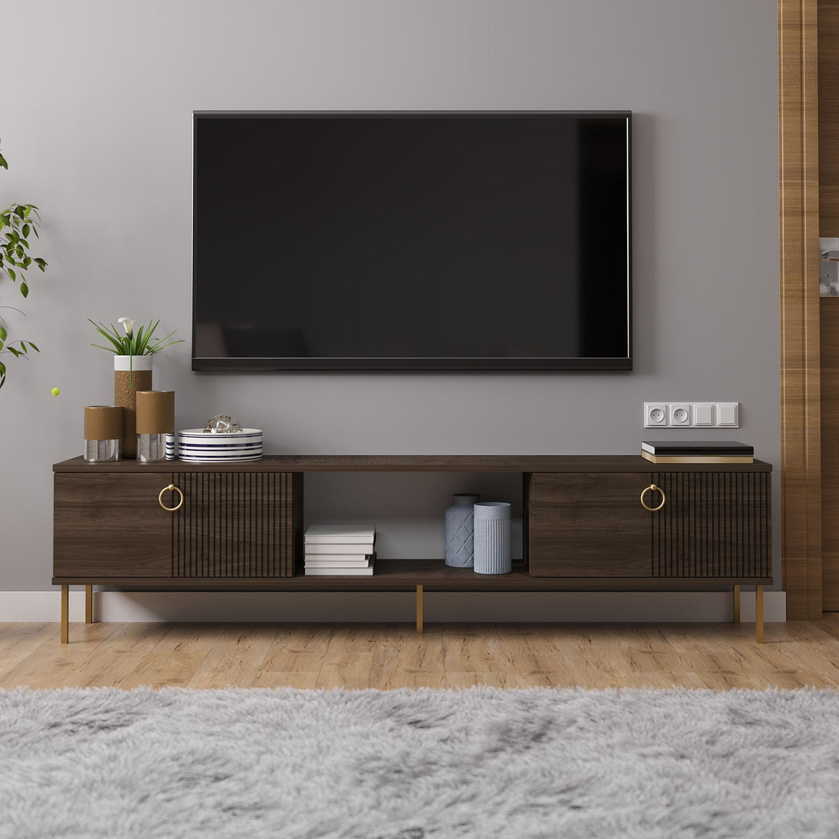 Έπιπλο Τηλεόρασης Perivolos Επιτοίχιο Καρυδί 180x30x45 εκ. Μελαμίνης - Pakobazaar