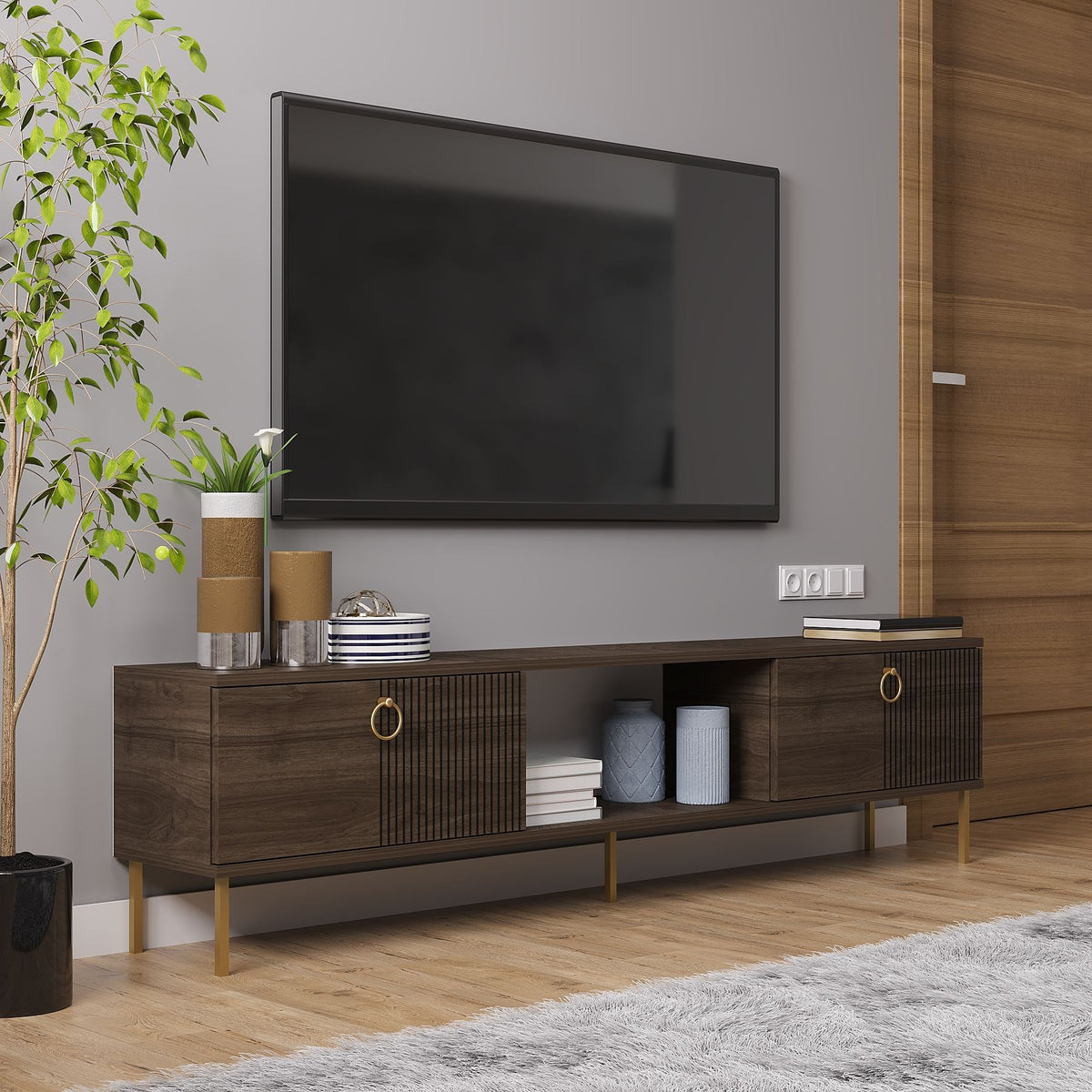 Έπιπλο Τηλεόρασης Perivolos Επιτοίχιο Καρυδί 180x30x45 εκ. Μελαμίνης - Pakobazaar
