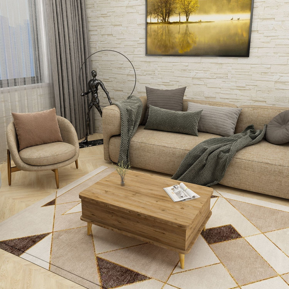 Τραπεζάκι Σαλονιού Petani Ανυψούμενο Πεύκο 90x60x38 εκ. Μελαμίνης