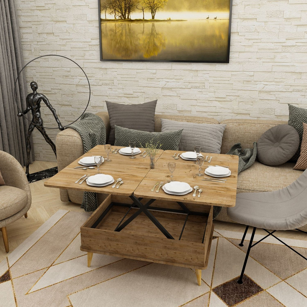 Τραπεζάκι Σαλονιού Petani Ανυψούμενο Πεύκο 90x60x38 εκ. Μελαμίνης