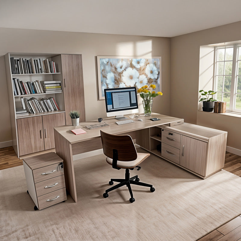 Καρέκλα γραφείου εργασίας Amani  μπεζ pu-καρυδί plywood 52x54x90.5εκ - Image 2