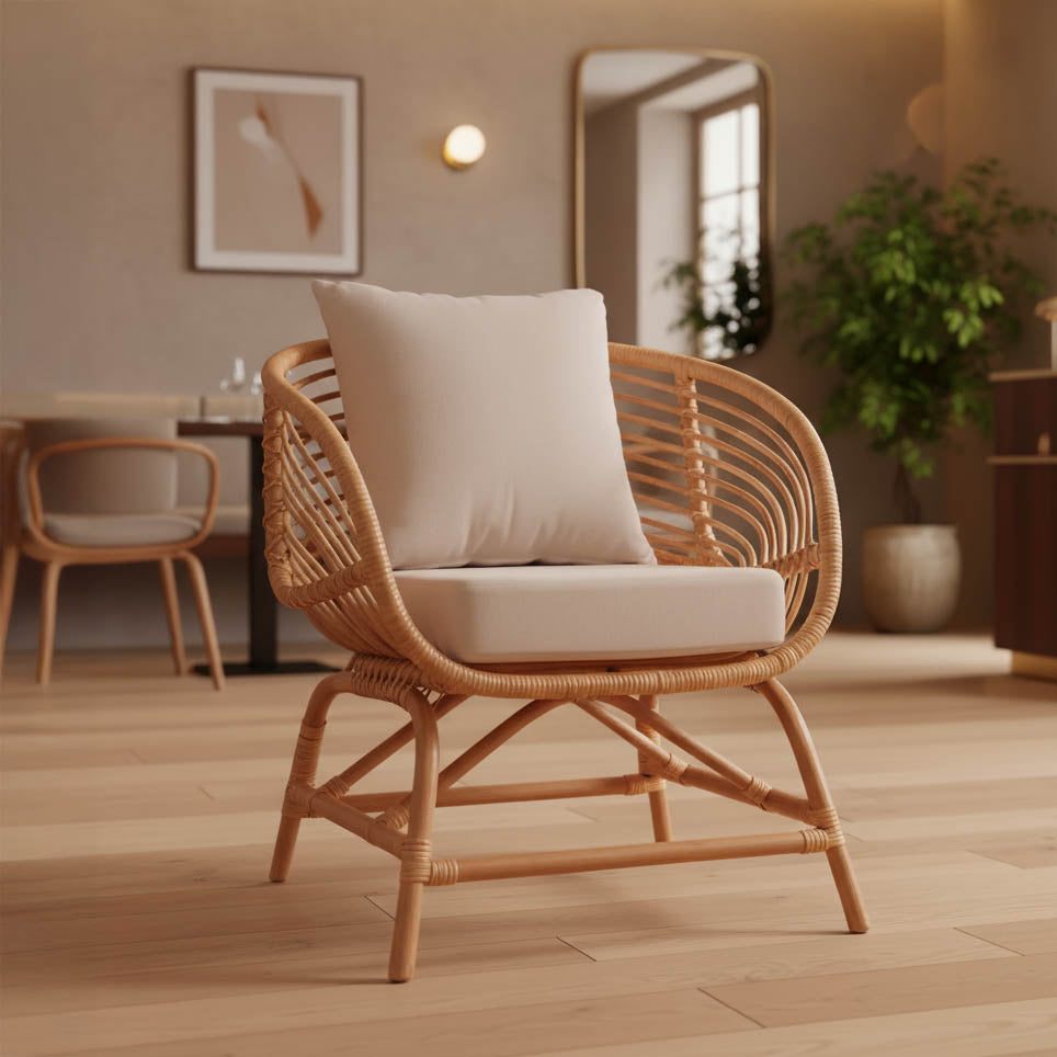Πολυθρόνα Caxen  φυσικό rattan-λευκό μαξιλάρι 72x63x75εκ - Pakobazaar