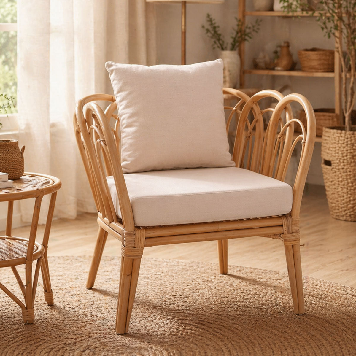 Πολυθρόνα Tania  φυσικό rattan-λευκό μαξιλάρι 76x76x76εκ - Pakobazaar