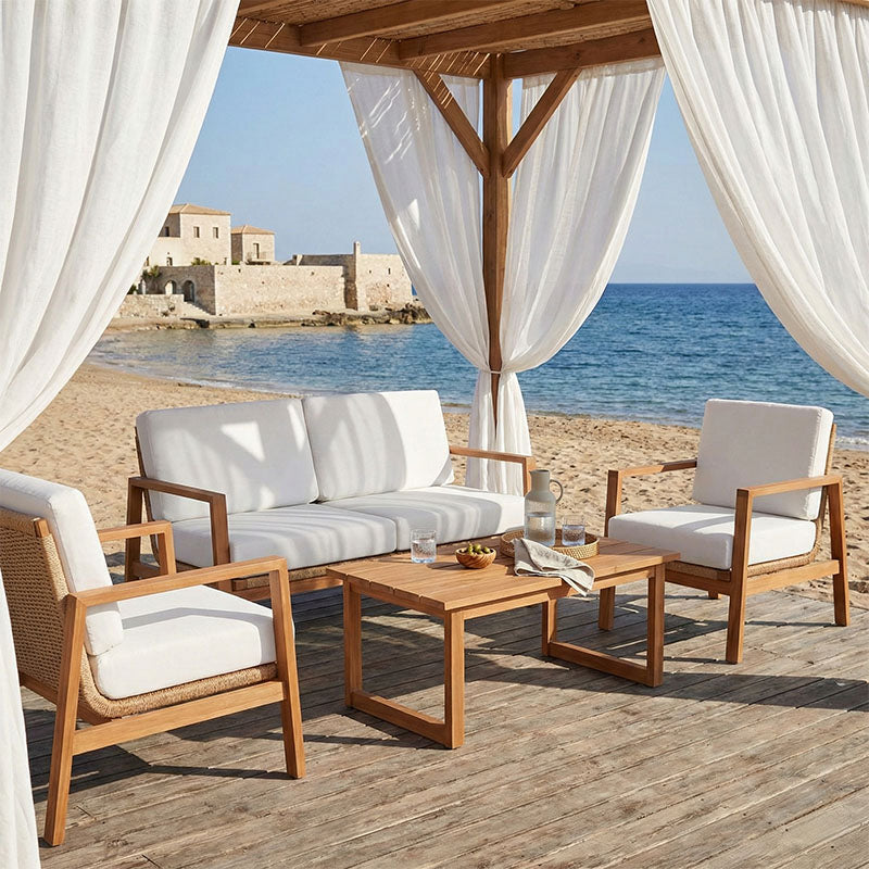 Σαλόνι Doumain  σετ 4 τεμαχίων φυσικό teak ξύλο-λευκό μαξιλάρι-φυσικό ραττάν - Image 1