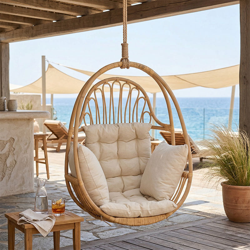 Κρεμαστή κούνια Jorg  φυσικό rattan-κρεμ μαξιλάρι 80x59x105εκ - Pakobazaar