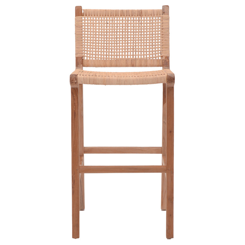 Σκαμπό μπαρ μεσαίου ύψους Sponze  teak ξύλο-φυσικό rattan σε φυσική απόχρωση 40x47x89εκ - Pakobazaar