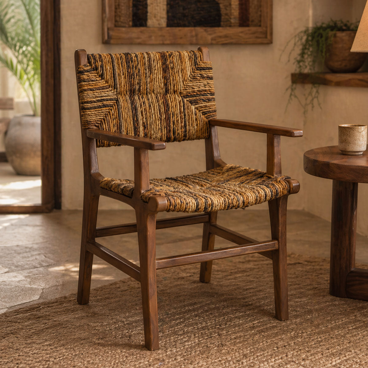 Πολυθρόνα Refane  φυσικό teak ξύλο-ψάθα 55x60x85εκ - Pakobazaar