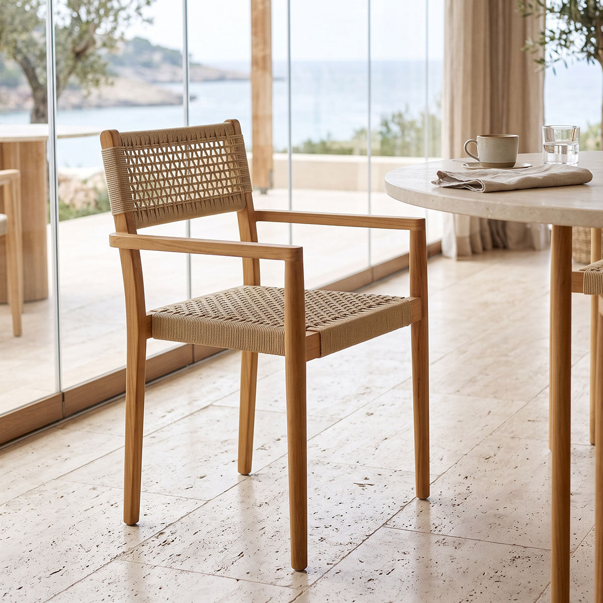 Πολυθρόνα Lengan  σκελετός teak ξύλο σε φυσική απόχρωση-μπεζ σχοινί 54x52x80εκ - Pakobazaar