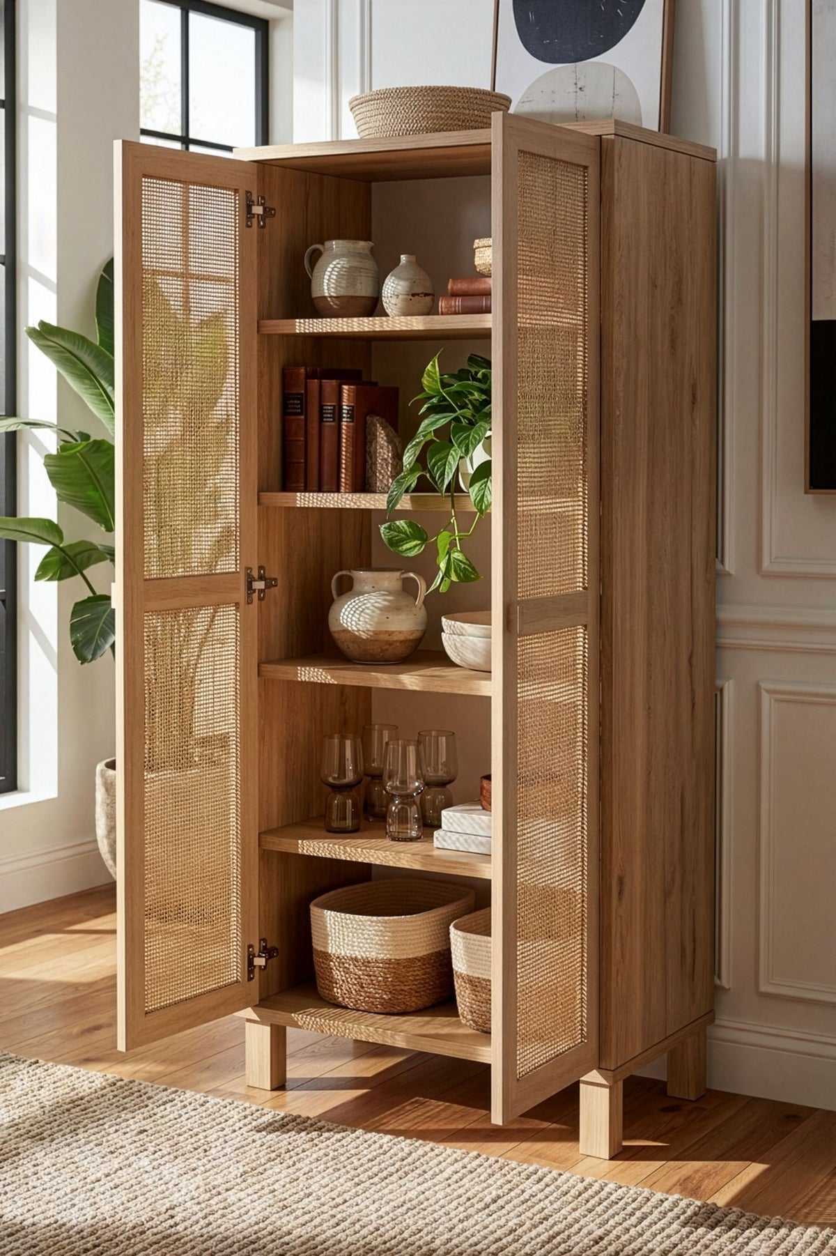 Στήλη Αποθήκευσης Antiparos Με Rattan Δρυς 60x35x133.6 εκ.