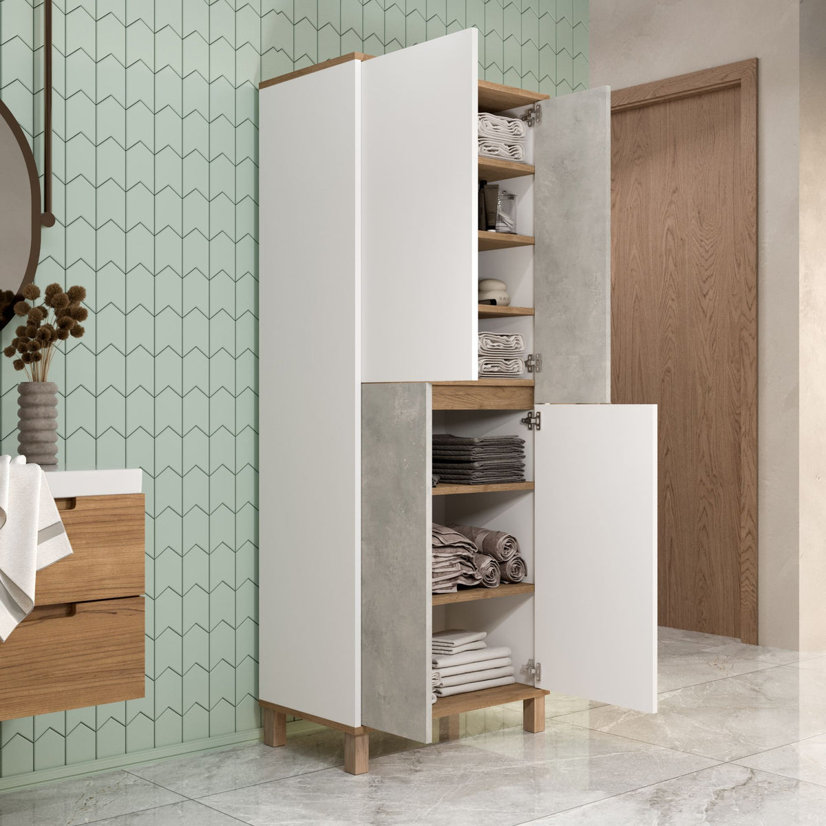 Στήλη Αποθήκευσης Sigri Λευκό - Δρυς - Γκρι 69.7x40x175 εκ. Μελαμίνης
