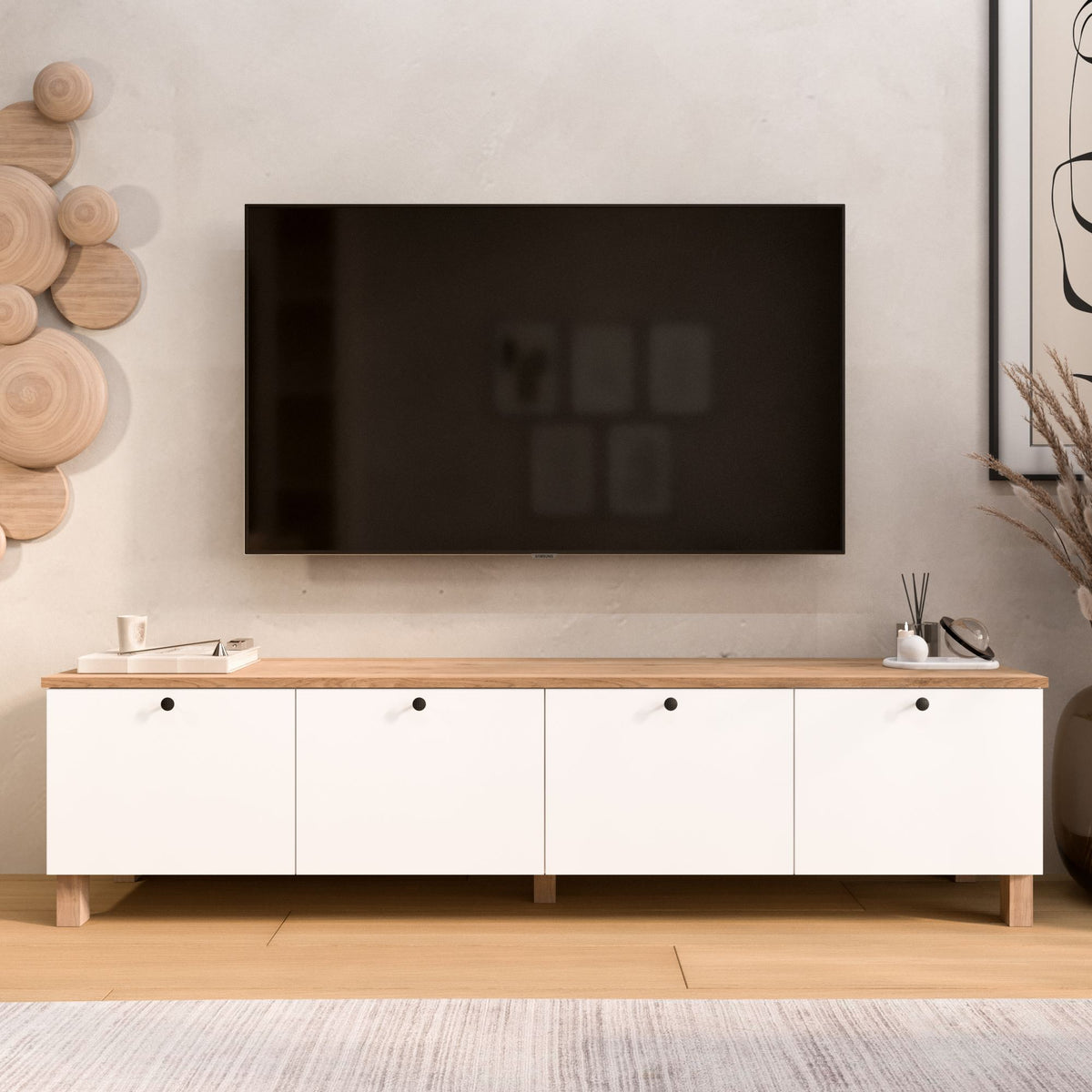 Έπιπλο Τηλεόρασης Sigri Λευκό - Δρυς 180x34.1x45.6 εκ. Μελαμίνης - Pakobazaar