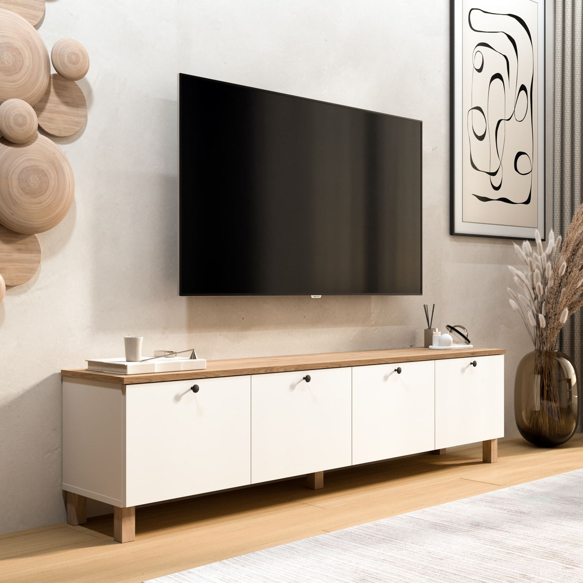 Έπιπλο Τηλεόρασης Sigri Λευκό - Δρυς 180x34.1x45.6 εκ. Μελαμίνης - Pakobazaar