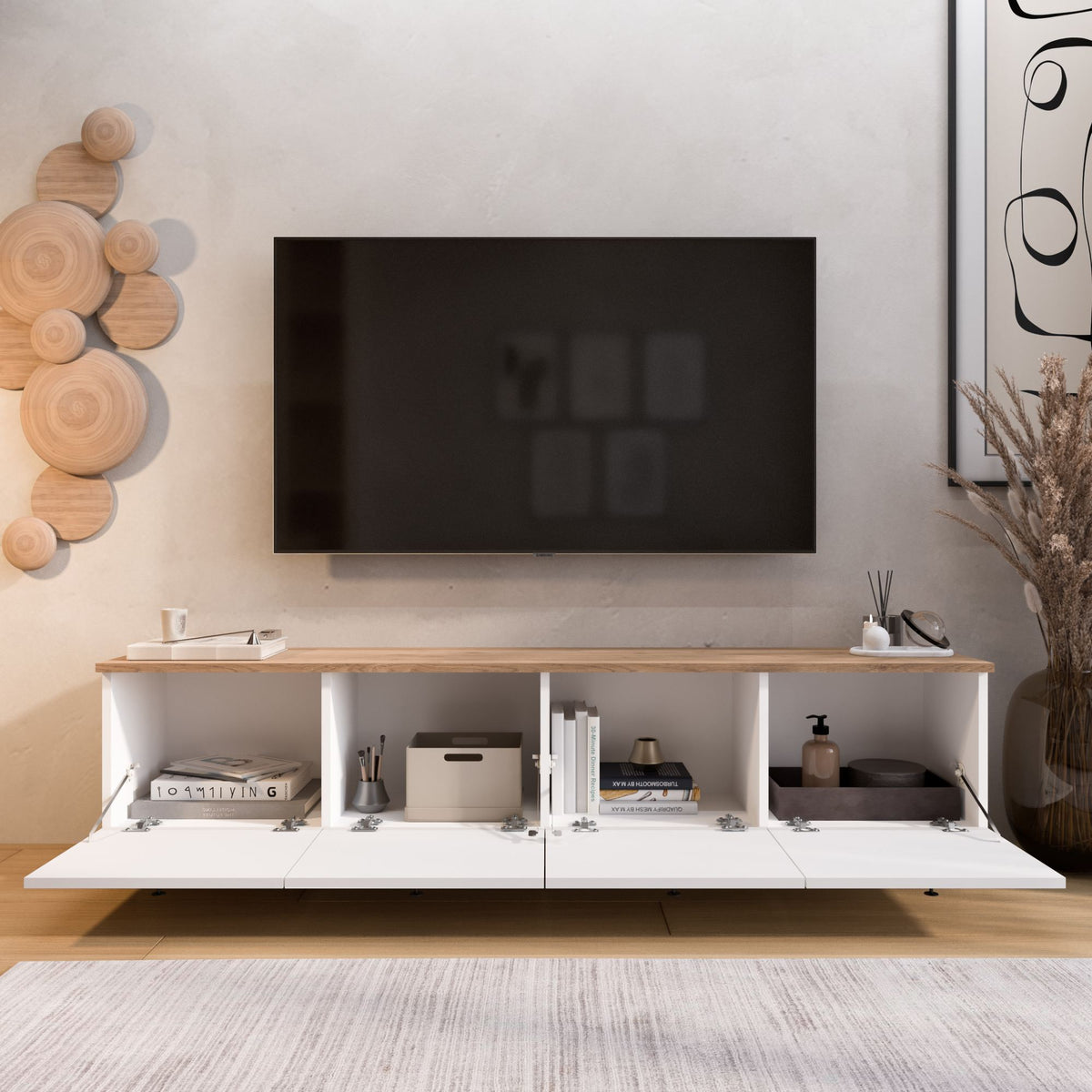 Έπιπλο Τηλεόρασης Sigri Λευκό - Δρυς 180x34.1x45.6 εκ. Μελαμίνης - Pakobazaar