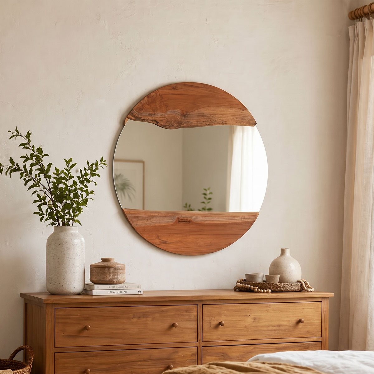 Καθρέπτης Alkmen  teak ξύλο σε φυσική απόχρωση Φ60x4εκ - Pakobazaar