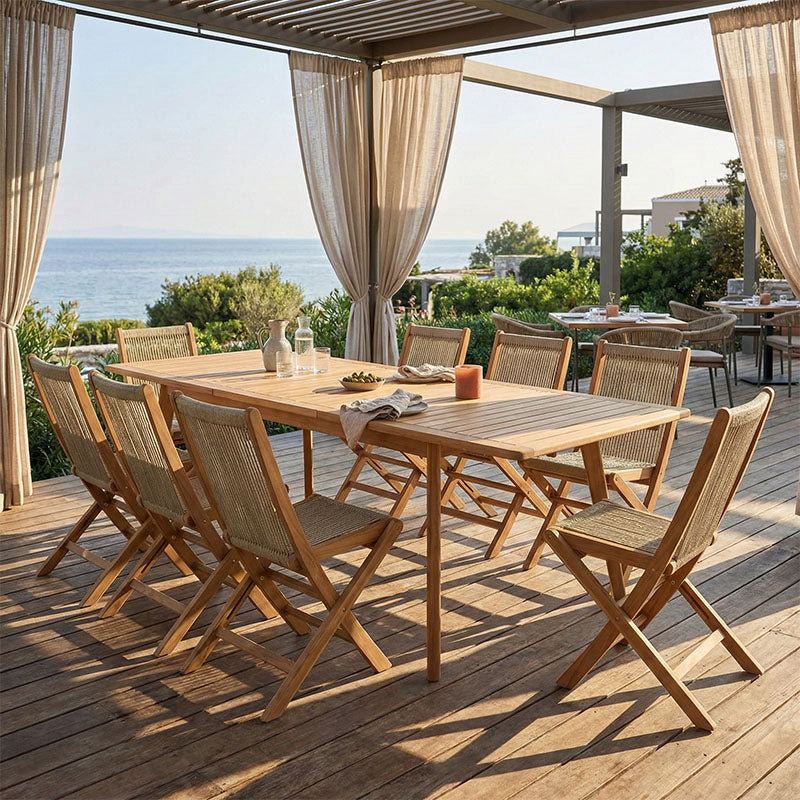 Τραπεζαρία 9 τεμ. Banou-Pino  teak ξύλο σε φυσική απόχρωση 180/240x100x75εκ - Pakobazaar