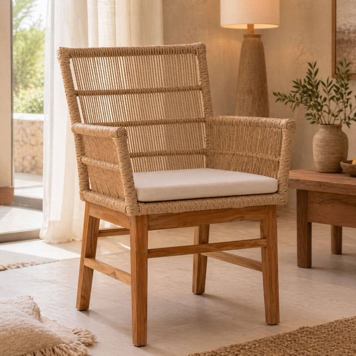 Πολυθρόνα Inca  teak ξύλο και pe σχοινί σε φυσική-μπεζ απόχρωση με μαξιλάρι 60x61x90εκ - Pakobazaar