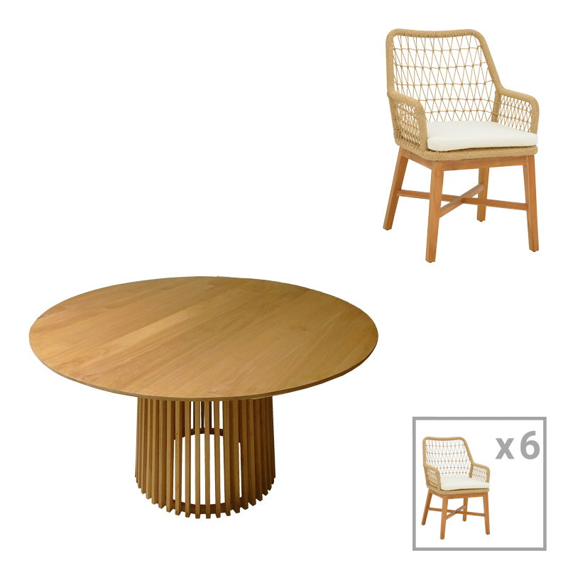 Τραπεζαρία Elaiza-Kenda  σετ 7τεμ σε φυσική-μπεζ απόχρωση Φ150x75εκ - Image 1