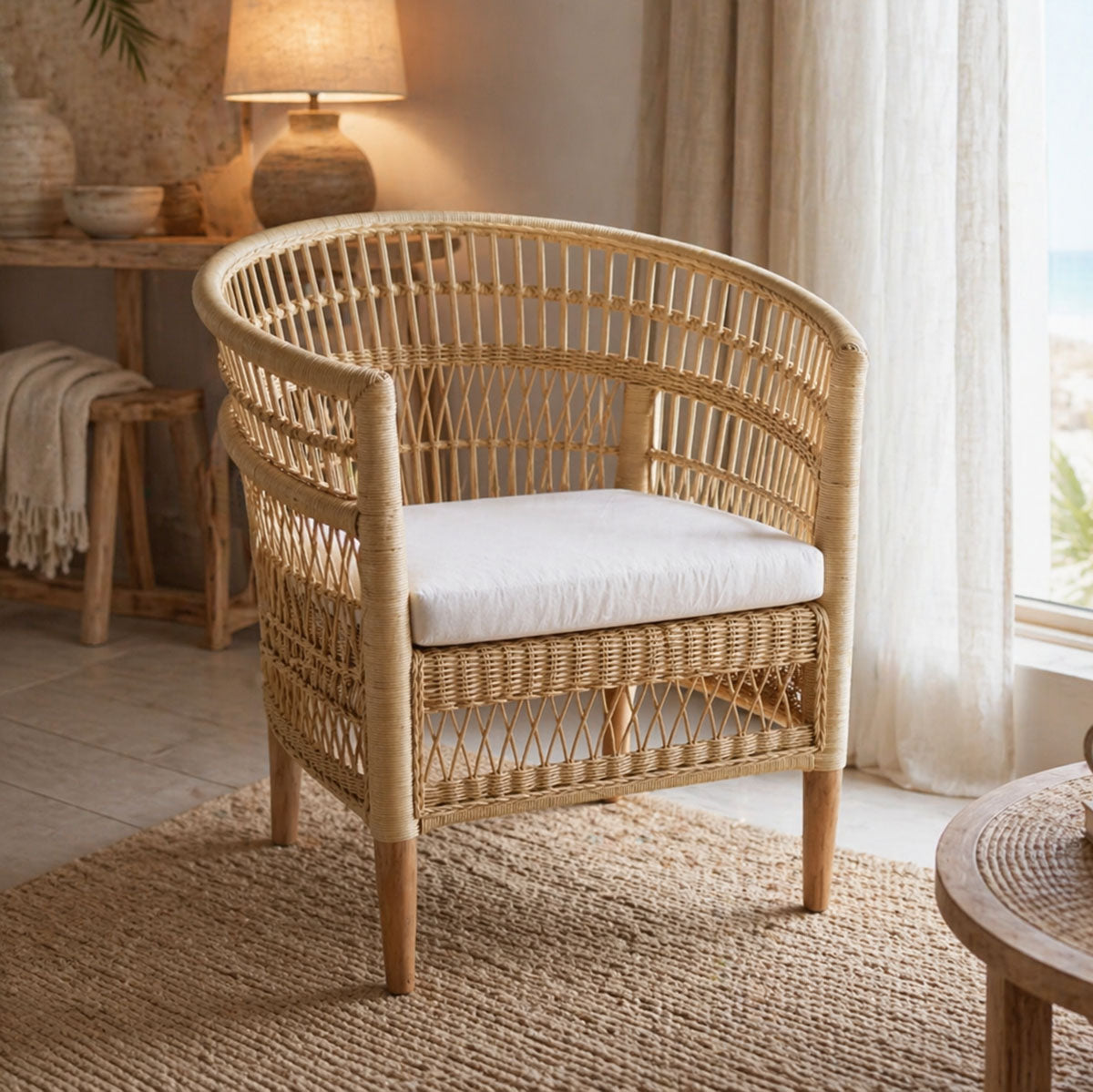 Πολυθρόνα Necorian paakoworld teak ξύλο με pe rattan σε φυσική απόχρωση και λευκό μαξιλάρι 80x70x87εκ - Pakobazaar