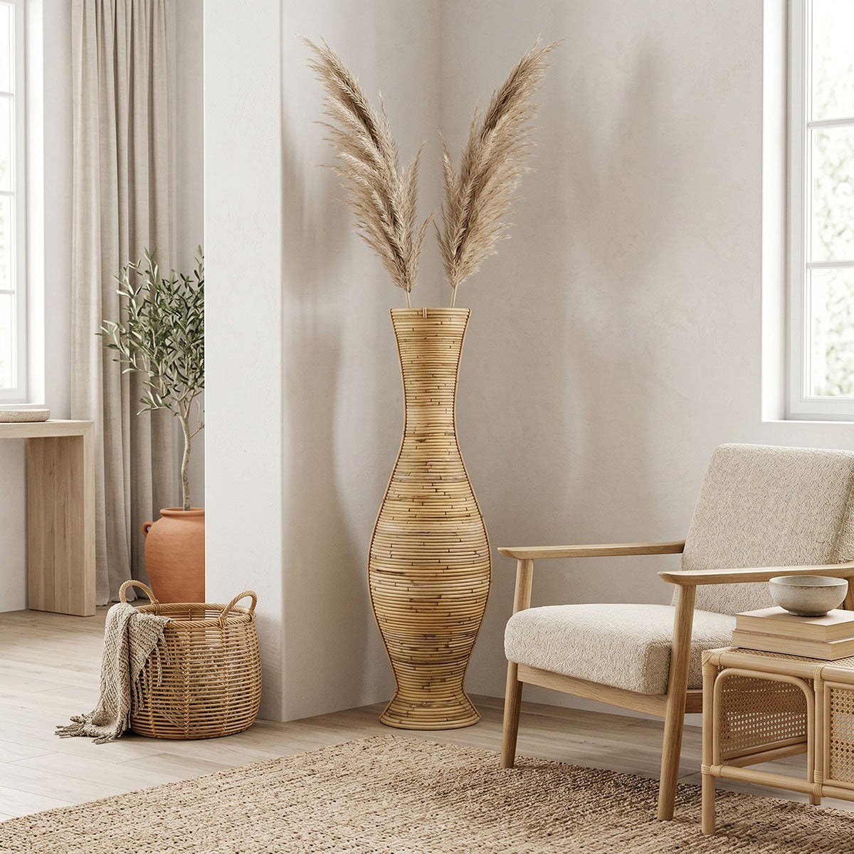 Βάζο Virnia Inart pe rattan σε φυσική απόχρωση Φ40x100εκ