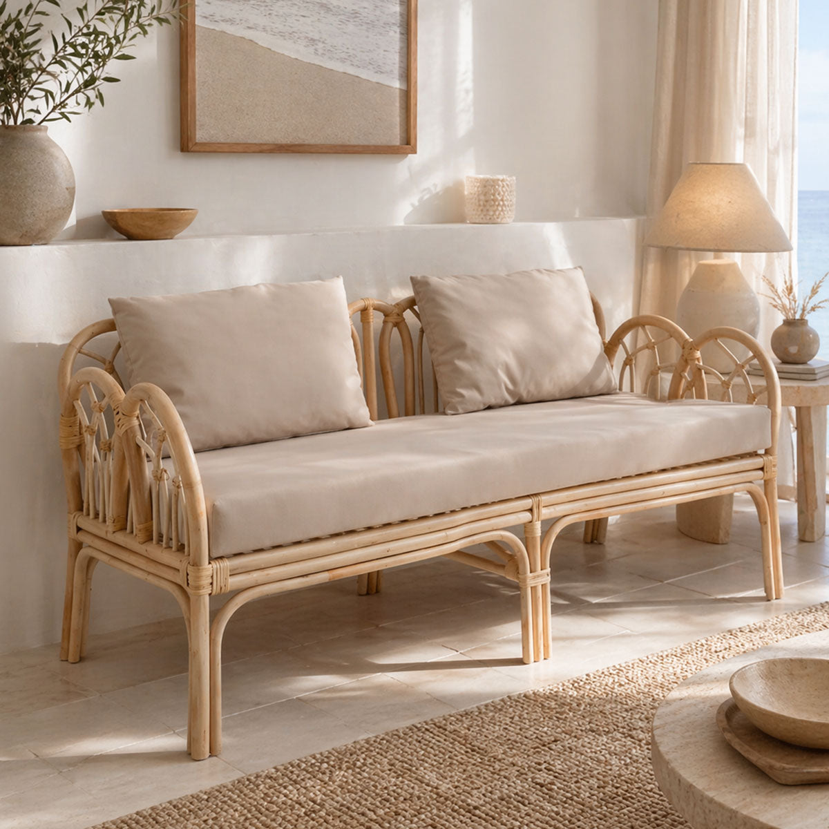 Καναπές διθέσιος Ytrone  rattan σε φυσική απόχρωση με μπεζ μαξιλάρι 166x61.5x71εκ - Pakobazaar