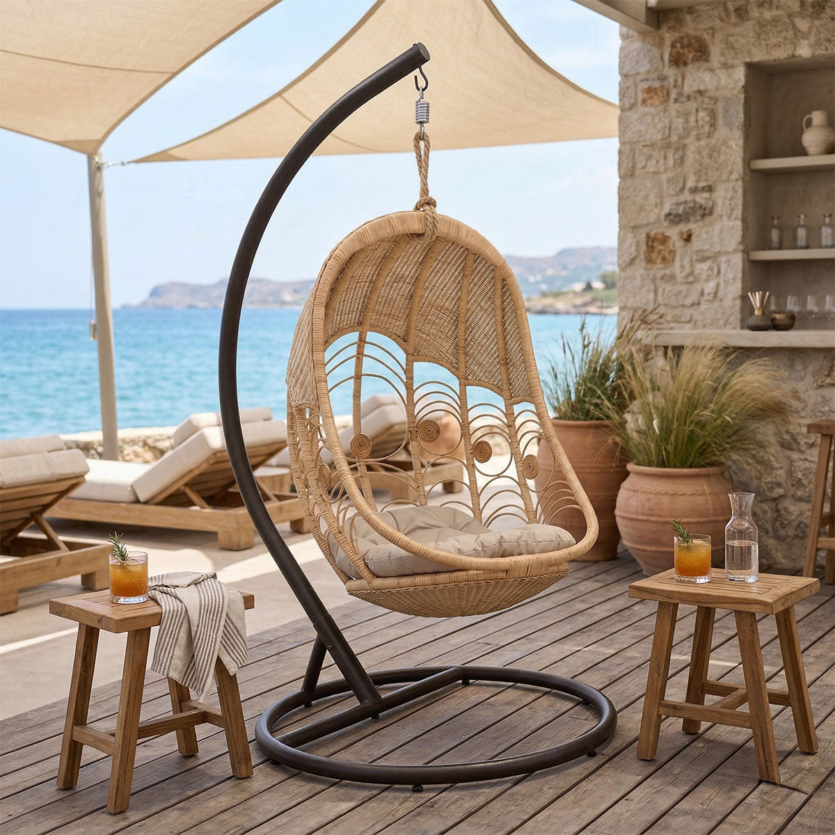 Κούνια Labreone  rattan φυσική απόχρωση -μαύρο μέταλλο-μπεζ μαξιλάρι 82x82x200εκ - Pakobazaar