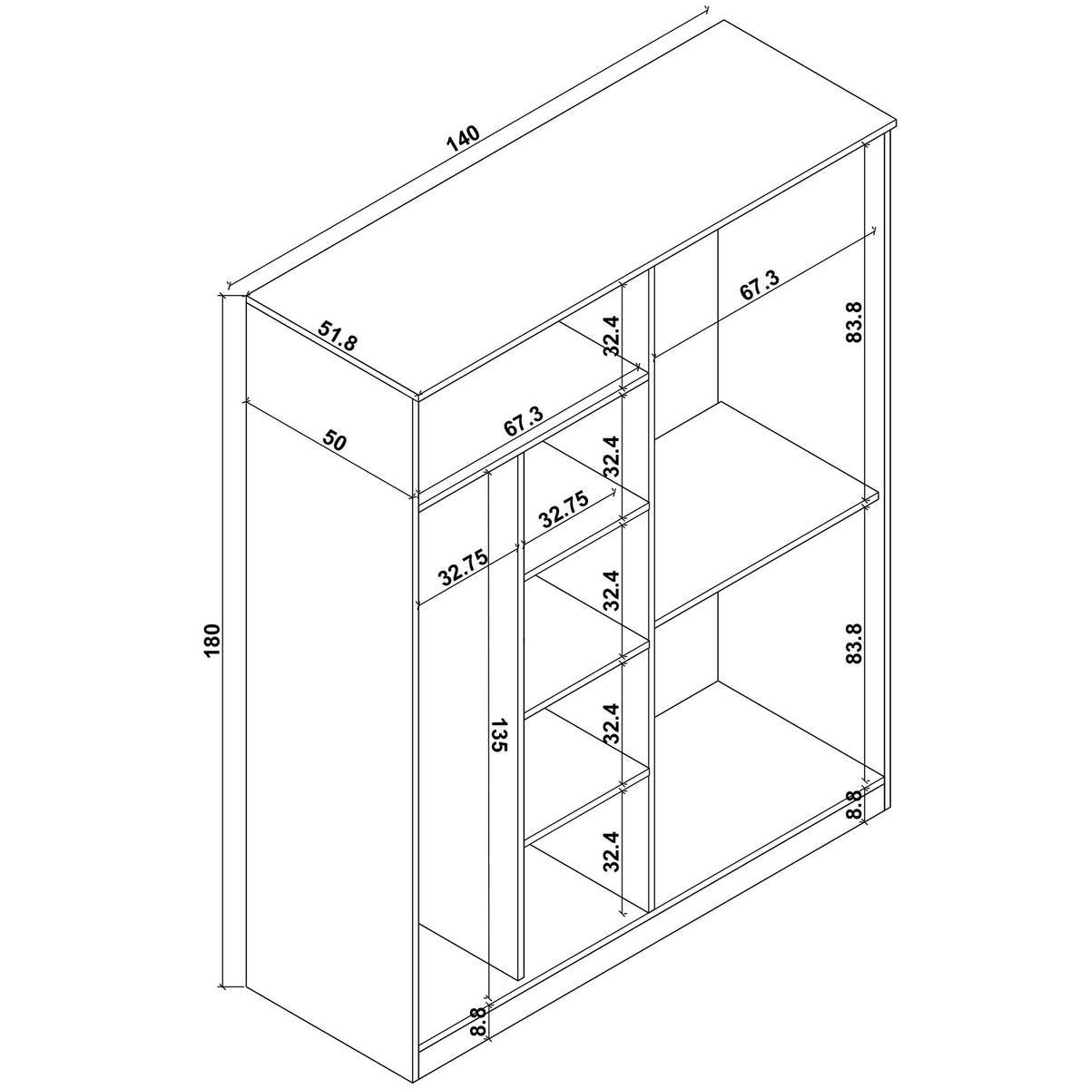 Ντουλάπα Mesotopos Ατλαντικό Πεύκο 140x51.8x180 εκ. Μελαμίνης - Pakobazaar