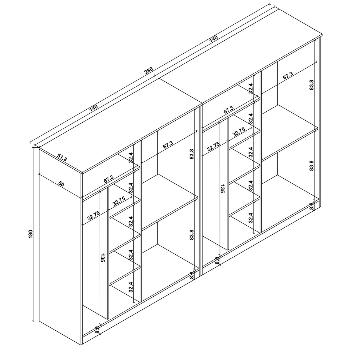 Ντουλάπα Mesotopos Ατλαντικό Πεύκο 280x51.8x180 εκ. Μελαμίνης