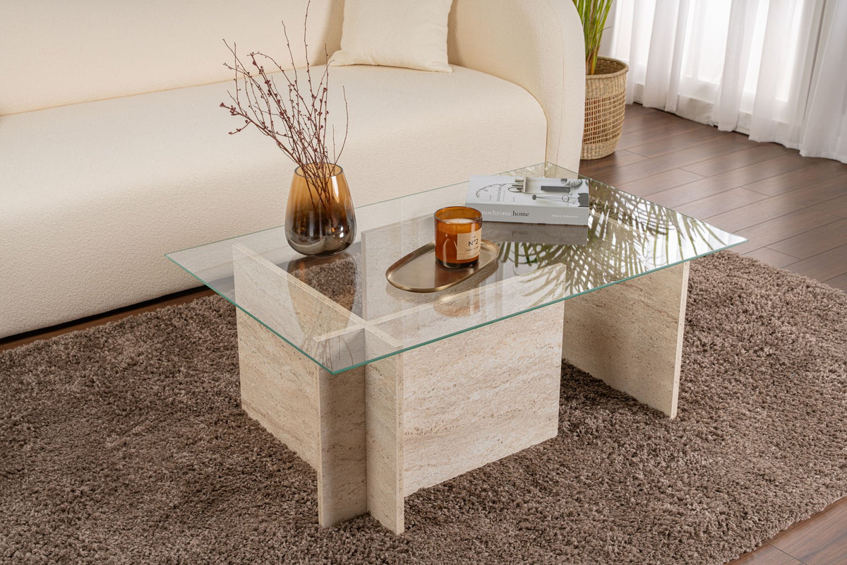Τραπεζάκι Σαλονιού Avgonyma Γυάλινο Travertine 105x65x40 εκ. Μελαμίνης
