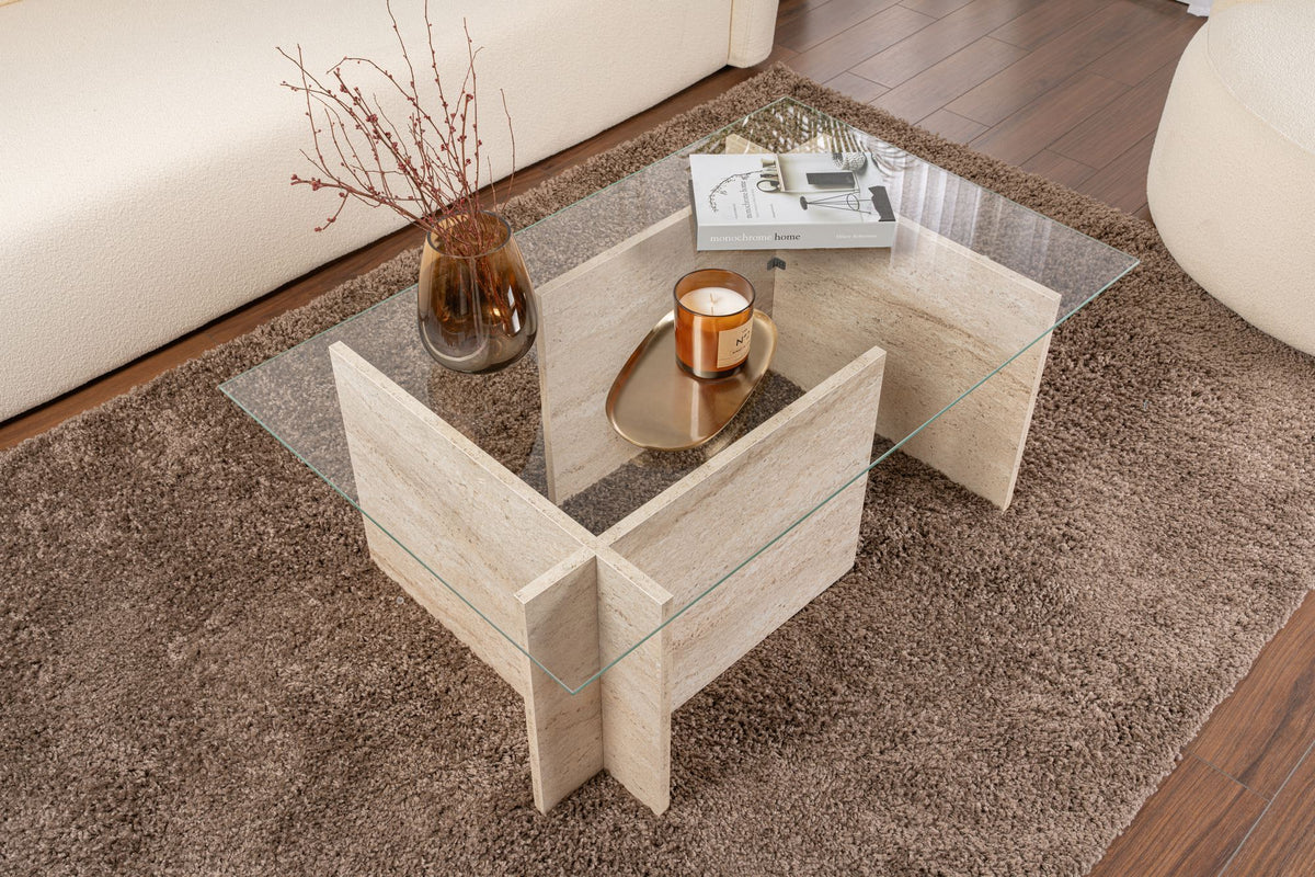 Τραπεζάκι Σαλονιού Avgonyma Γυάλινο Travertine 105x65x40 εκ. Μελαμίνης