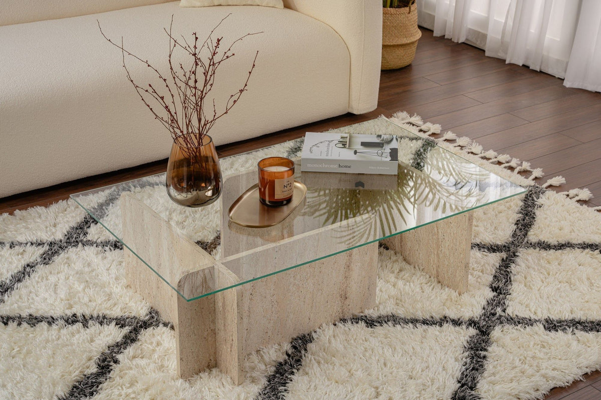Τραπεζάκι Σαλονιού Loutraki Γυάλινο Travertine 105x65x30 εκ. Μελαμίνης