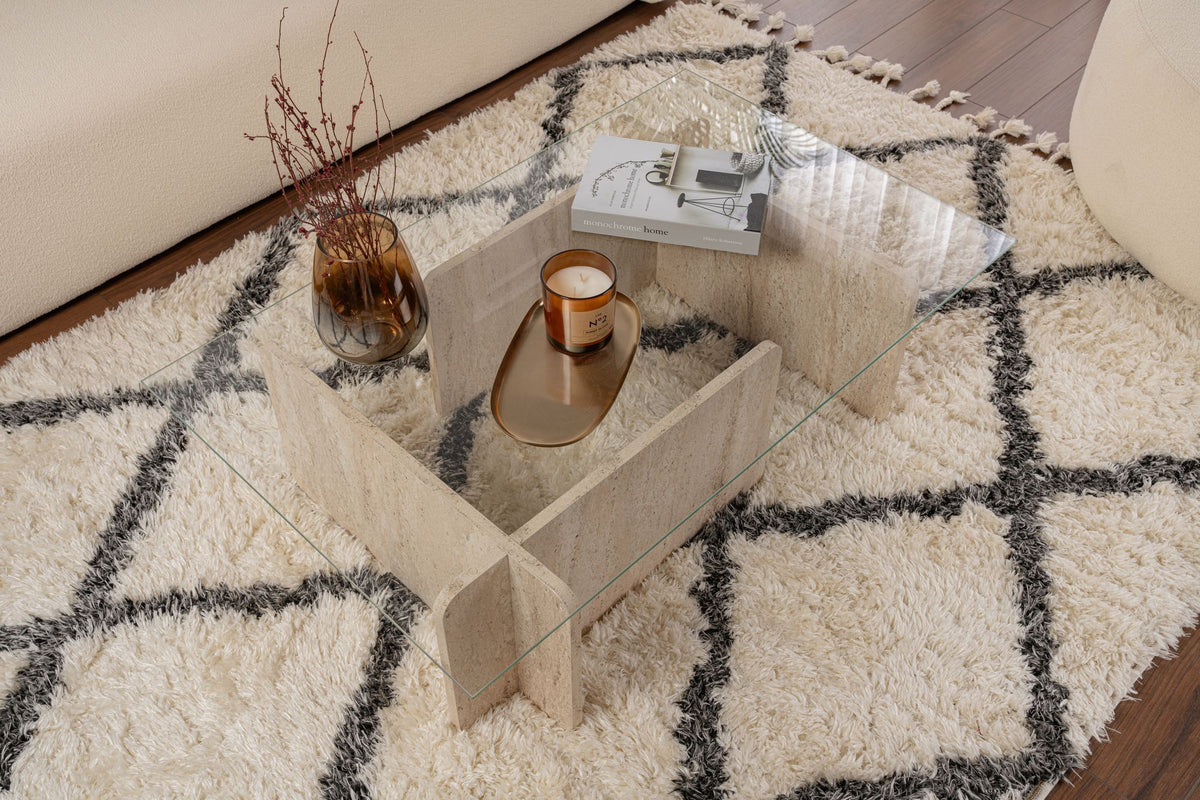 Τραπεζάκι Σαλονιού Loutraki Γυάλινο Travertine 105x65x30 εκ. Μελαμίνης