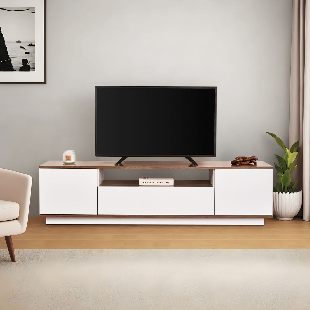 Έπιπλο Τηλεόρασης Mandrakia Λευκό - Καρυδί 180x44.5x44.6 εκ. Μελαμίνης