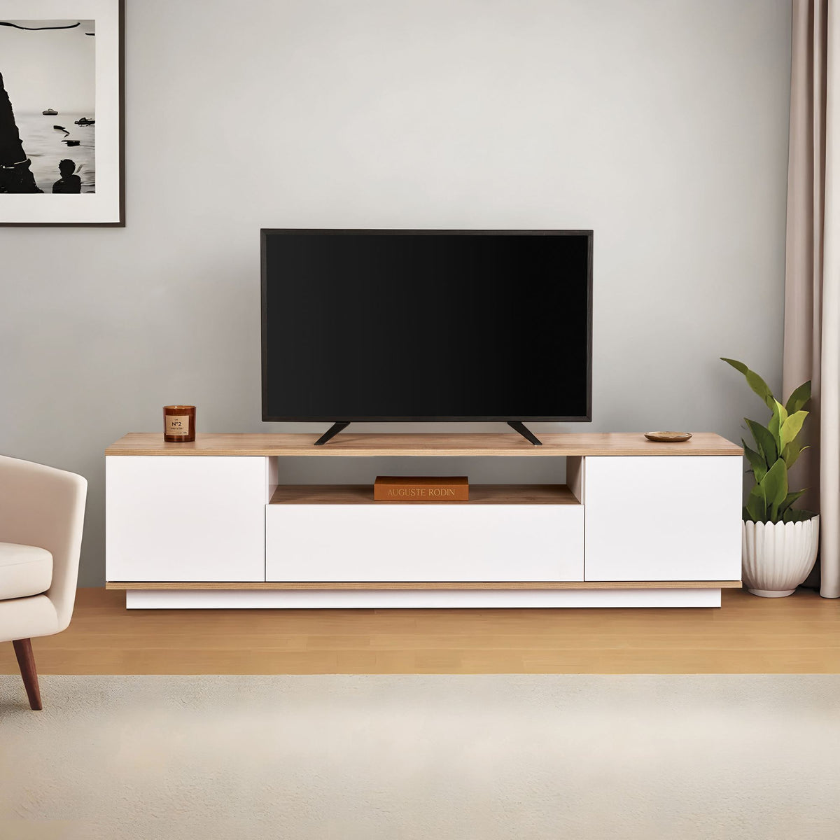 Έπιπλο Τηλεόρασης Mandrakia Λευκό - Δρυς Cadiz 180x44.5x44.6 εκ. Μελαμίνης - Pakobazaar