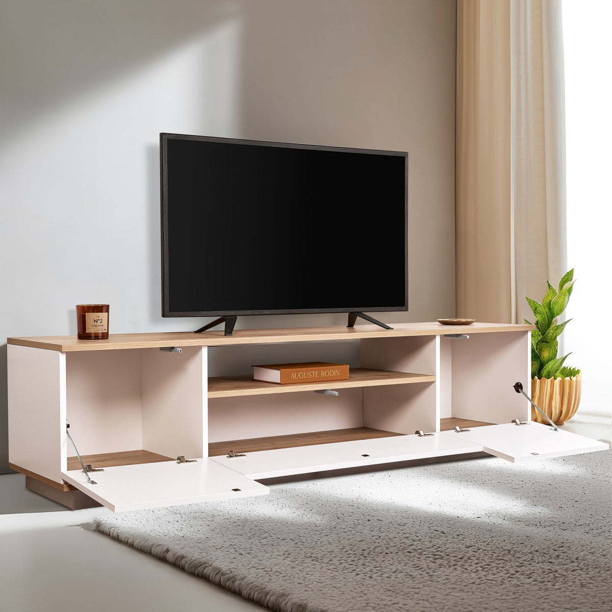 Έπιπλο Τηλεόρασης Mandrakia Λευκό - Δρυς Cadiz 180x44.5x44.6 εκ. Μελαμίνης - Pakobazaar