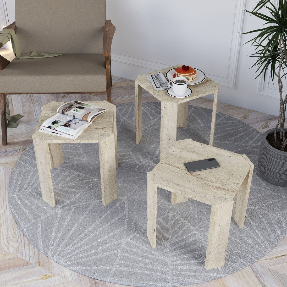Τραπεζάκια Σαλονιού Σετ 3τμχ Katavothres Travertine 38x38x45 εκ. Μελαμίνης