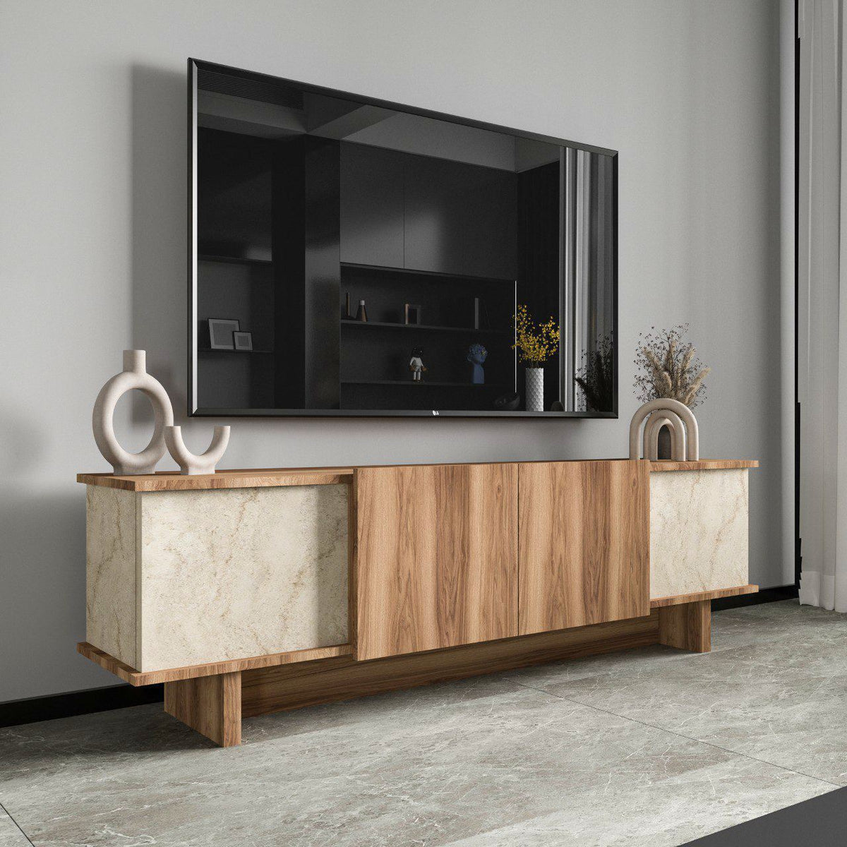 Έπιπλο Τηλεόρασης Isternia Με Ράφια Travertine - Καρυδί 180x33x50 εκ. Μελαμίνης