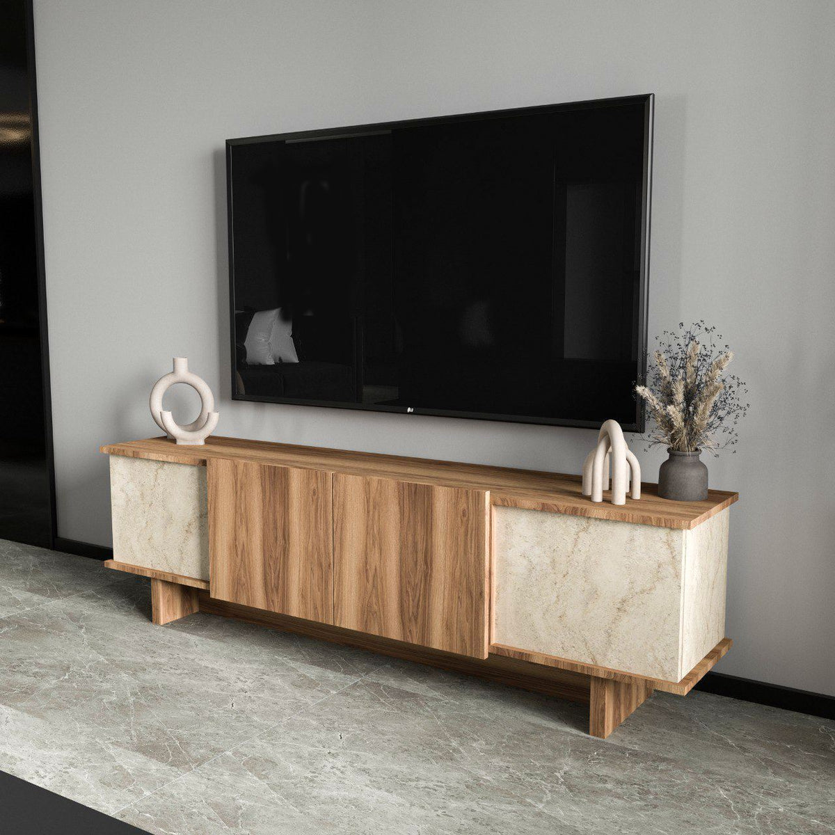 Έπιπλο Τηλεόρασης Isternia Με Ράφια Travertine - Καρυδί 180x33x50 εκ. Μελαμίνης