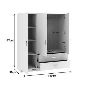 Ντουλάπα τρίφυλλη Royal  με συρτάρια λευκό 150x58x177εκ - Pakobazaar