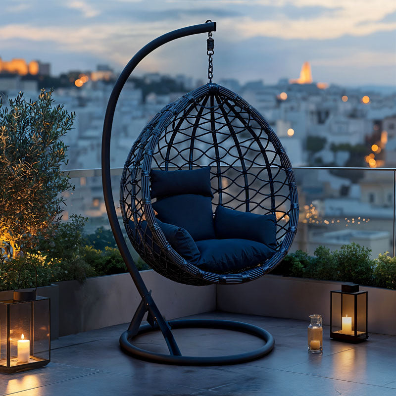 Κούνια φωλιά με βάση Lyere  μέταλλο ανθρακί pe rattan σε γκρι απόχρωση 120x108x195εκ - Pakobazaar